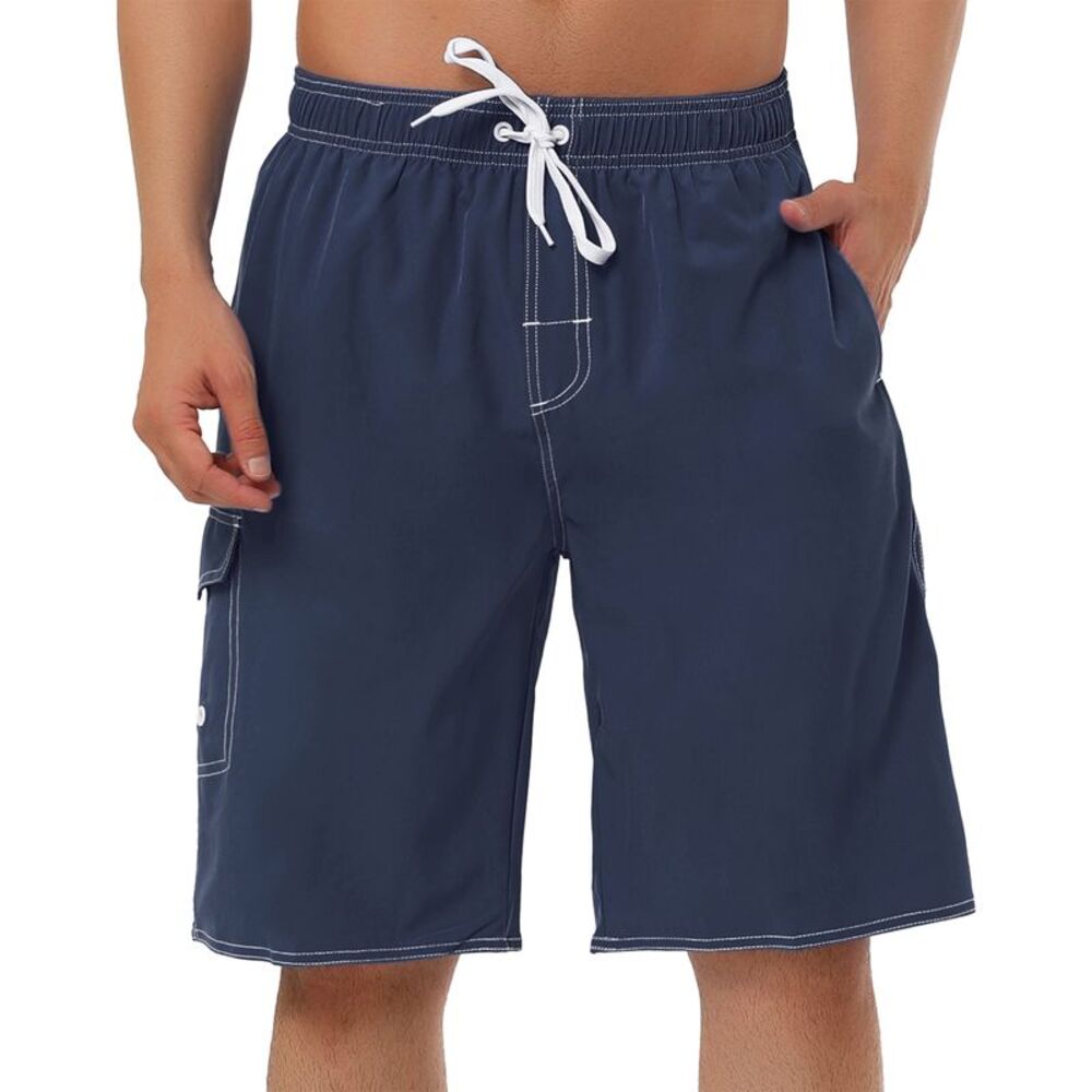 Summer Solid Shorts Drawstring Elastic Waist Swim Beach Board Shorts Dark Blue